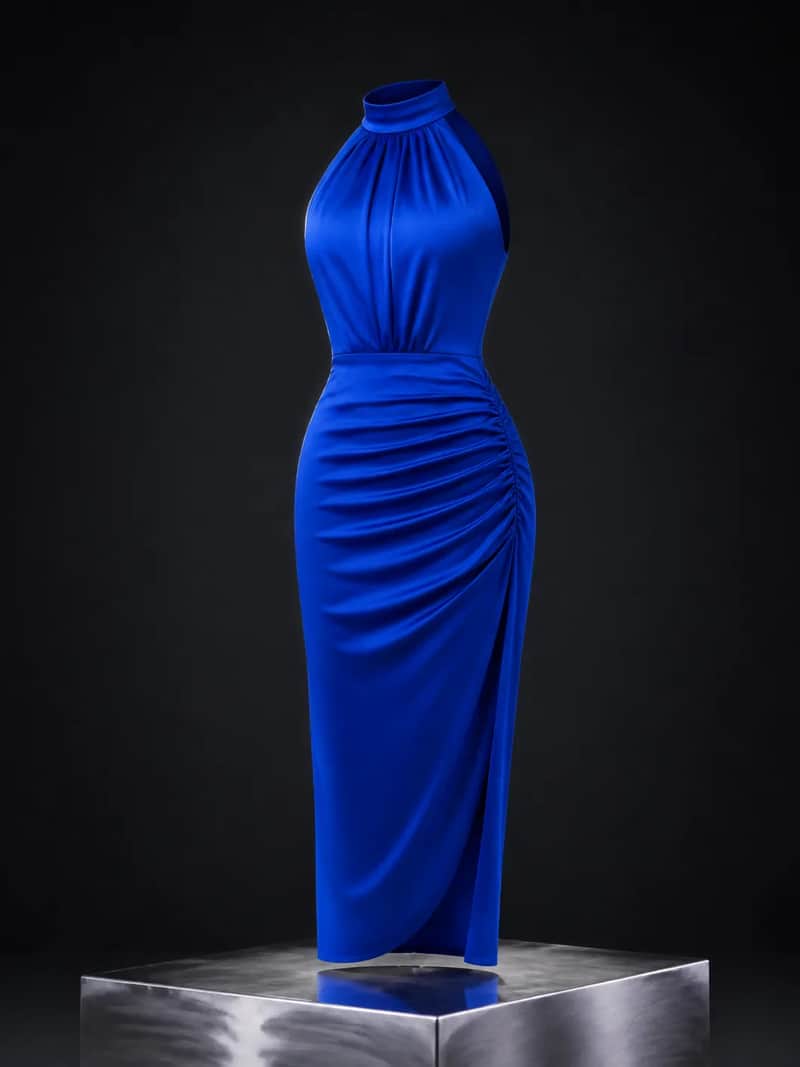 Ruched Halter Midi Dress – Cobalt